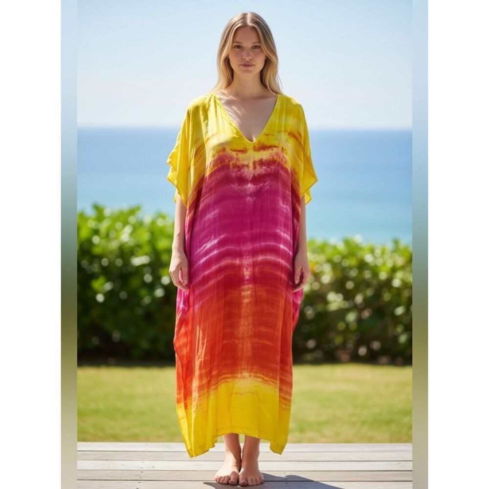 Young Fabulous & Brooke Orange Yellow Tie Dye Beach cover up Dress NWOT - Picture 3 of 7